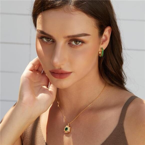 Gold hoop earrings green crystal huggie cubic zirconia dainty jewelry gift - Picture 6 of 7